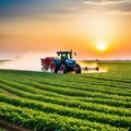Tractor spraying pesticides on soybean field at
