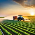 Tractor spraying pesticides on soybean field at