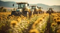 Tractor spraying pesticides on sunflower field with sprayer at spring Royalty Free Stock Photo