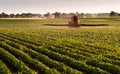 Tractor spraying soybean crops field Royalty Free Stock Photo