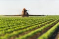 Tractor spraying soybean field at spring Royalty Free Stock Photo