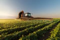 Tractor spraying soybean field at spring Royalty Free Stock Photo