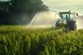 Tractor Spraying Young Corn Plants In Field. Generative AI Royalty Free Stock Photo