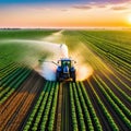 A tractor sprays an agricultural field with fertilizer on a sunset Drone Illustration by