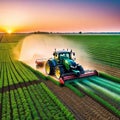 A tractor sprays an agricultural field with fertilizer on a sunset Drone Illustration by