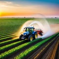 A tractor sprays an agricultural field with fertilizer on a sunset Drone Illustration by