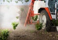 Tractor sprays insecticide in cherry orchard in spring Royalty Free Stock Photo