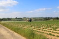 Tractor spreading over a planted field.