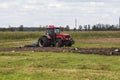 Tractor and storks in the field.