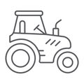 Tractor thin line icon, transportation and agriculture, harvest machine sign, vector graphics, a linear pattern on a