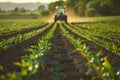 Tractor tilling the field at sunset