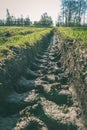 Tractor tire tracks in green grass - vintage retro look Royalty Free Stock Photo