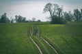 Tractor tire tracks in green grass - vintage retro look Royalty Free Stock Photo