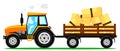 Tractor with a trailer of hay on white background. Agricultural machinery