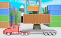 Tractor and trailer or semi truck with shipping container and forklift for import export concept with blue sky background ,