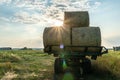 On the tractor trailer there are large round bales of hay against the sunset background. Transportation of hay to silage storage Royalty Free Stock Photo