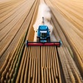 Tractor with trailer working in tandem alongside a working combine harvester discharging grain from uploader