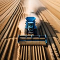 Tractor with trailer working in tandem alongside a working combine harvester discharging grain from uploader