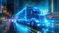 Tractor truck. 3d illustrator rendering lorry van. futuristic city dark blue background. Transportation, logistics.AI Generated Royalty Free Stock Photo