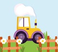 Tractor truck wooden fence flowers grass farm cartoon