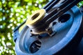 Tractor unit for tillage. Walk-behind tractor pulley with two belts close-up. Industrial machinery for agriculture Royalty Free Stock Photo