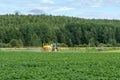 Green and yellow tractor watering a green potato field