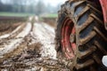 Tractor wheel on muddy field road, close-up. Generative AI.