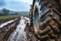 Tractor wheel on muddy field road, close-up. Generative AI. Royalty Free Stock Photo