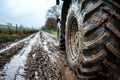 Tractor wheel on muddy field road, close-up. Generative AI. Royalty Free Stock Photo