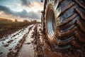 Tractor wheel on muddy field road, close-up. Generative AI.
