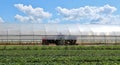 Tractor at work inside an agricultural greenhouse building to restore the soil..