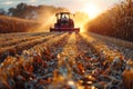 Tractor working on corn field as sun sets over natural landscape Royalty Free Stock Photo