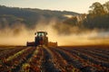 Tractor is working in field with orange and green plants growing around it. Generative AI Royalty Free Stock Photo