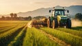 Tractor working on the rice fields barley farm at sunset time, modern agricultural transport Royalty Free Stock Photo