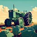 Tractor works a field with cabbage, agriculture, growing vegetables,