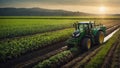 tractor works in a green corn field at sunset, fertilizing and irrigating the land Royalty Free Stock Photo