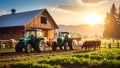 Tractors and cattle near a barn on a farm at sunset Royalty Free Stock Photo