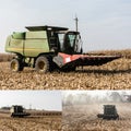 Of tractors harvesting ripe corn in