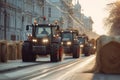 Tractors Line Up in Protest on the street.