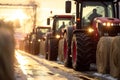 Tractors Line Up in Protest on the street.