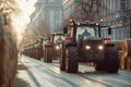 Tractors Line Up in Protest on the street.