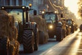 Tractors Line Up in Protest on the street.