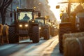 Tractors Line Up in Protest on the street.