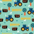 Tractors seamless kids pattern. Tractor, carrots, fence, apple trees and cats repeating vector background. Farming Royalty Free Stock Photo