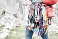 Trad climbing gear rack close up Royalty Free Stock Photo