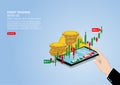 Hand holding smartphone with candlestick chart of stock sale and buy using mobile phones, market investment trading