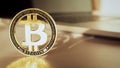Trade bitcoin. Golden Bit Coin virtual cryptocurrency or blockchain technology. Gold Crypto currency BTC Bitcoin on