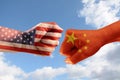 Trade conflict, fists with the flags of USA and China against ea Royalty Free Stock Photo
