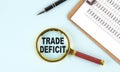 TRADE DEFICIT text on magnifier with clipboard on blue background Royalty Free Stock Photo