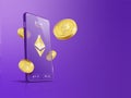 Trade Ethereum ETH on mobile through the system Cryptocurrency. Royalty Free Stock Photo